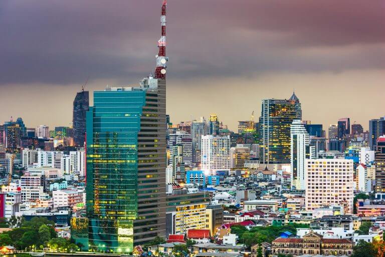 Bangkok, Thailand cityscape at dusk.