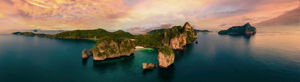 Koh Phi Phi Don Thailand, Drone aerial view of Maya Bay Koh Phi Phi Thailand at sunset