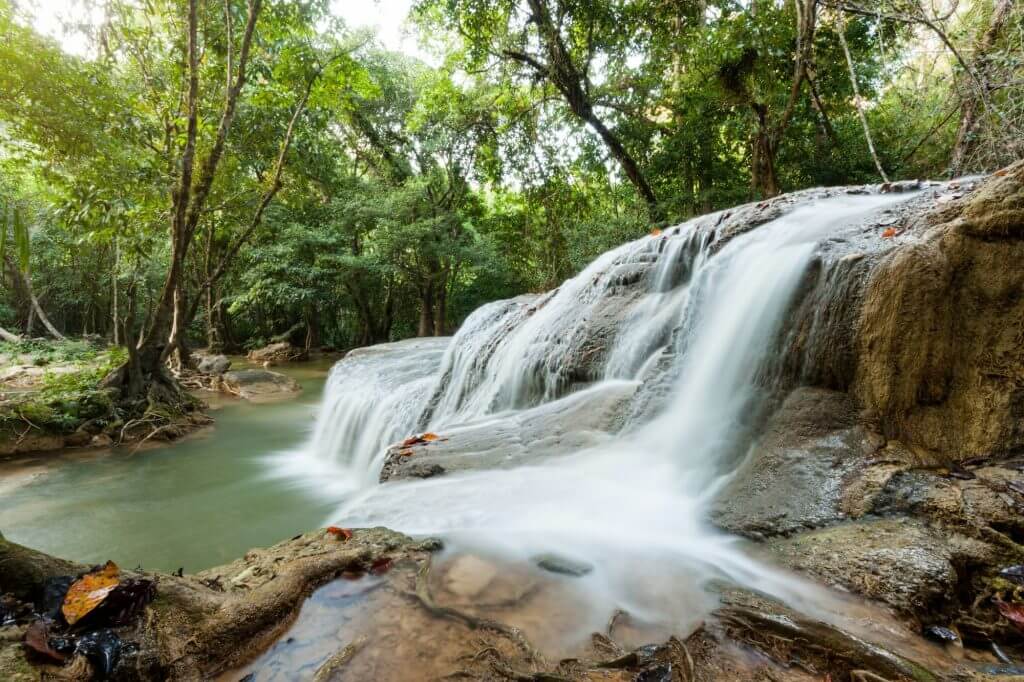 Landscapes nature of waterfall cascade in forest at Kanchanaburi, Thailand.