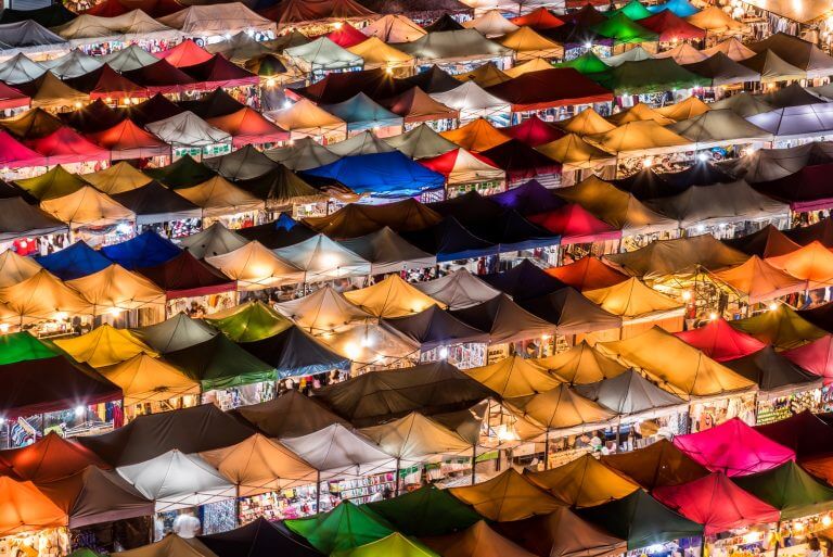 View of the colorful tents at the new Rot Fai Night Market in Ratchada area of Bangkok