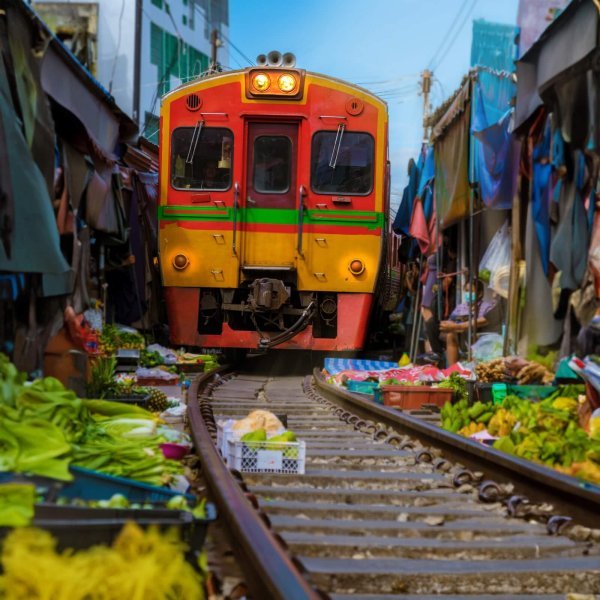 Maeklong Railway Market Thailand, Maeklong Railway Market with train thailand